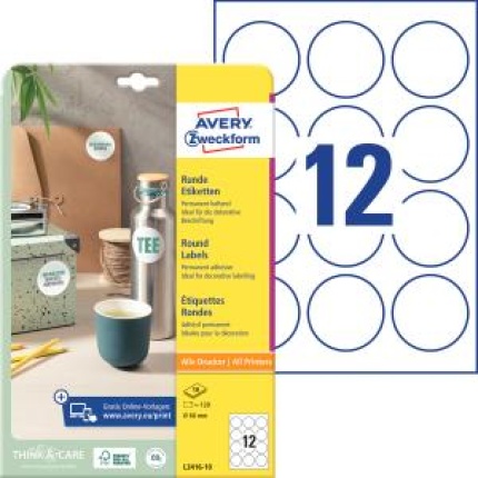 Etikety univerzálne kruhové 60mm Avery A4 10 hárkov
