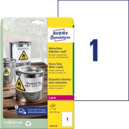 Etikety polyesterové veľmi odolné 210 x 297mm Avery A4 biele 20 hárkov