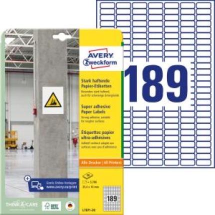 Etikety univerzálne 25,4x10mm Avery A4, silne lepivé 20 hárkov